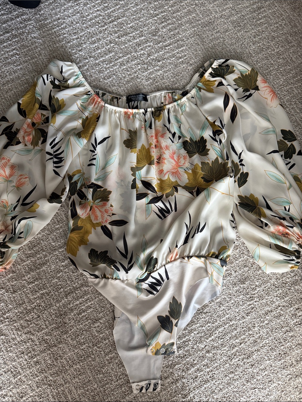 Zara Cream Floral Off-Shoulder bodysuit with Olive and Blush Accents